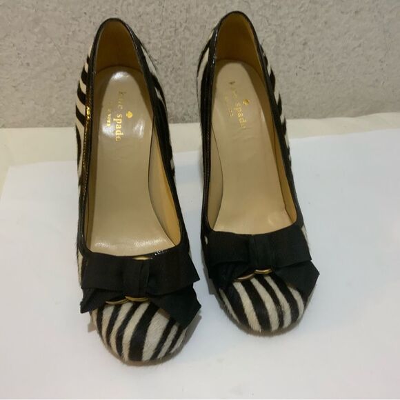 ♠️ Kate Spade Leopard Heels Pumps Round Toe Heel Ribbon Total Pattern 7B - Picture 3 of 10